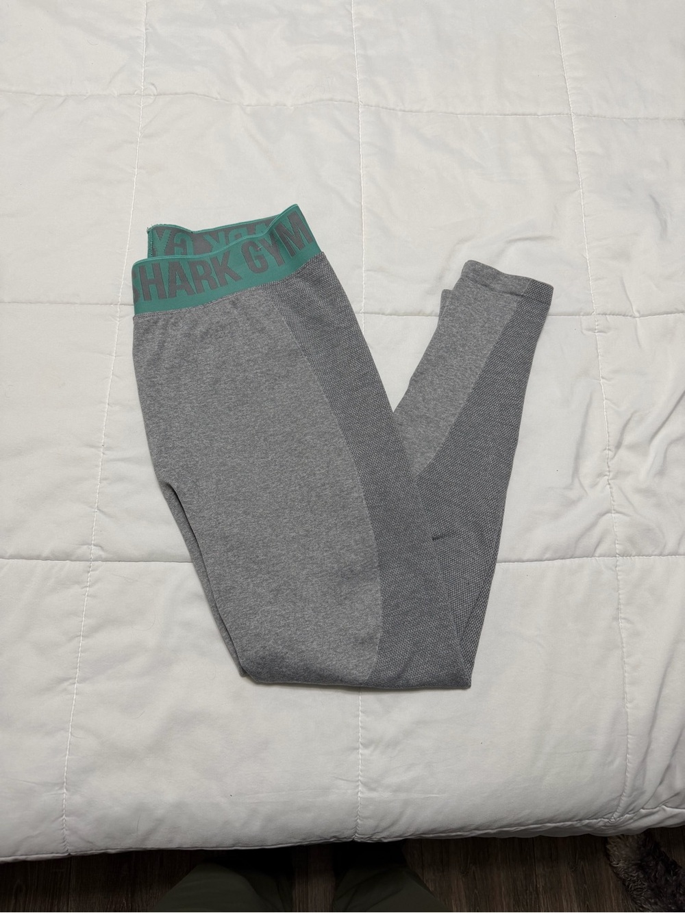 Gymshark Gray Leggings with Teal Logo Waistband